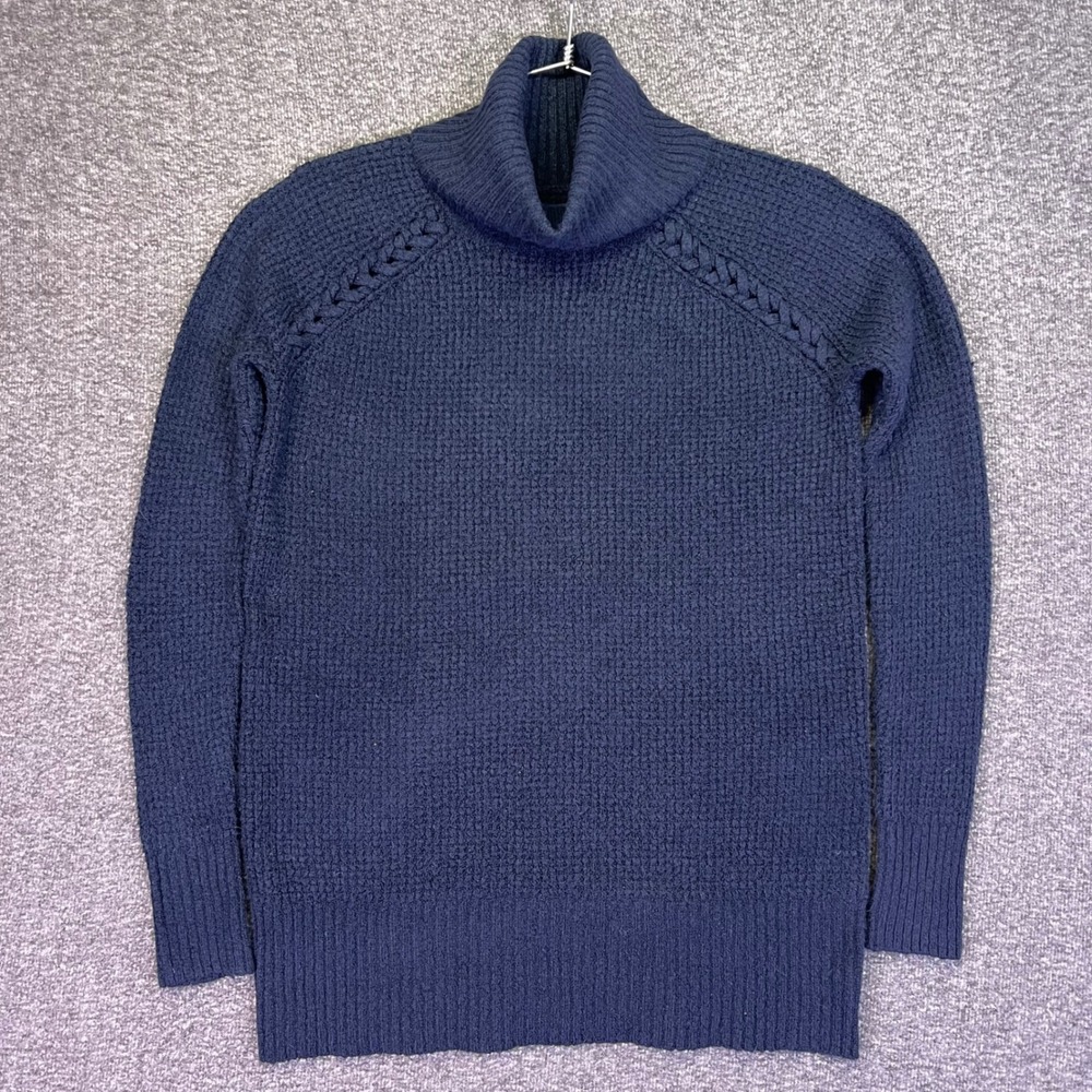 American Eagle Turtleneck Sweater Womens XS Navy Blue Waffle Knit Braided Raglan
